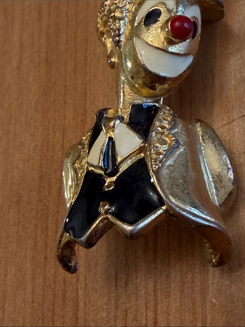Gold-tone Jomaz Mazer Unsigned Clown Brooch with Black Vest and Red Nose